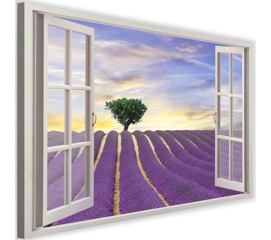Tableau Fenêtre, Champ De Lavande 90 X 60 Cm Violet