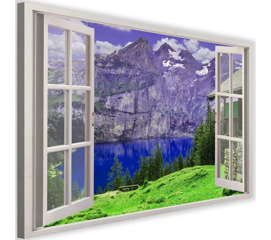 Tableau Fenêtre, Montagnes Et Lac 90 X 60 Cm Bleu