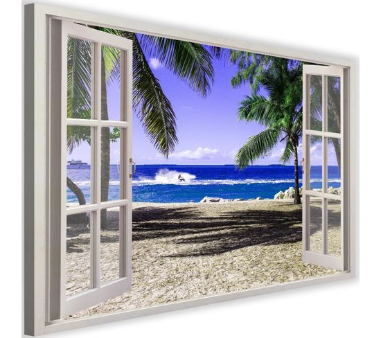 Tableau Fenêtre, Plage Et Palmiers 90 X 60 Cm Bleu