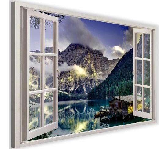 Tableau Fenêtre, Paysage De Montagne 120 X 80 Cm Bleu