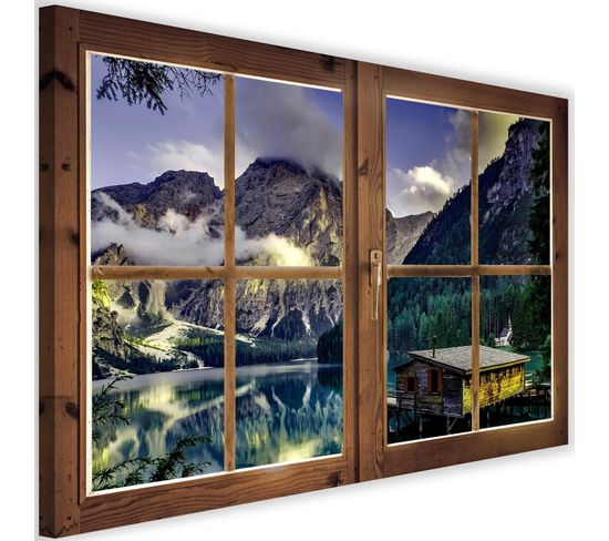 Tableau Fenêtre, Paysage De Montagne 120 X 80 Cm Bleu