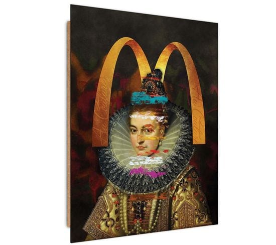 Tableau Bois Femme Dans Une Fraise En Dentelle 40 X 60 Cm Noir