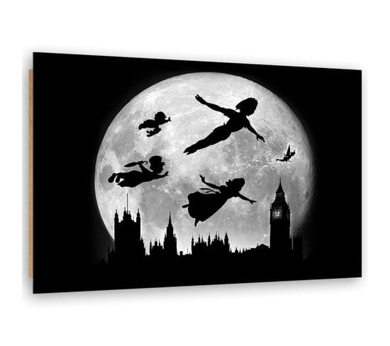 Tableau Bois Peter Pan Silhouettes Sur Fond De Lune 70 X 50 Cm Noir