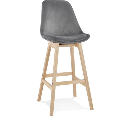 Tabouret De Bar Rembourré Velour Gris Pied Bois H Assise 76cm