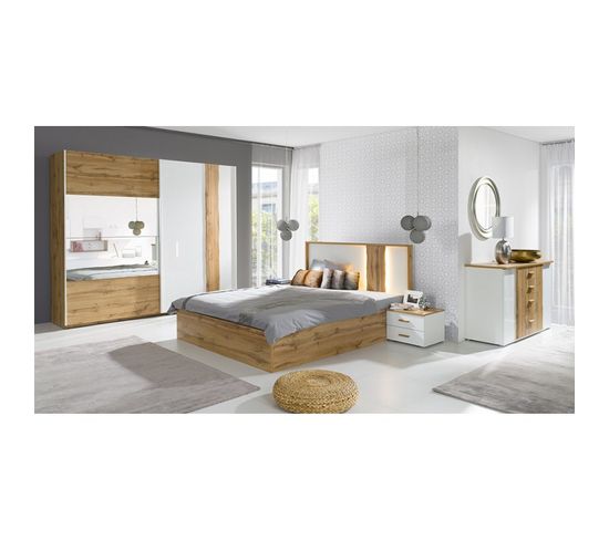 Chambre à Coucher Complète Wood Chêne Et Blanc. Lit + Armoire + Commode + 2 Chevets