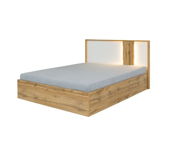 Lit Adulte Design Wood 160x200 Cm + Option Coffre + LED Dans La Tête De Lit.