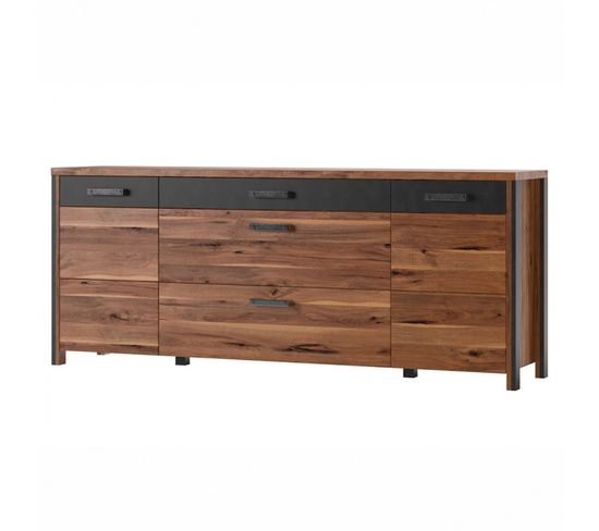 Buffet 200cm Collection Windsor . Coloris Chêne Foncé Et Gris Anthracite.