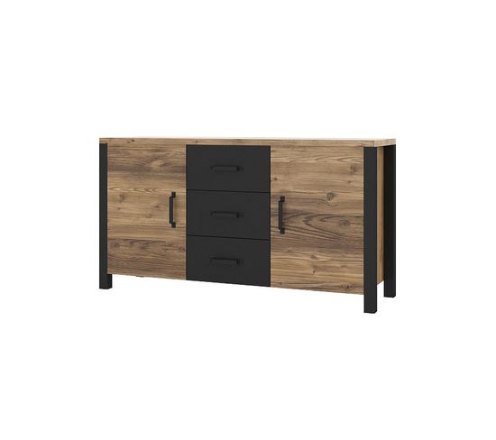 Buffet 150cm Collection Darwin. Couleur Épicéa Et Noir. 2 Portes Et 3 Tiroirs