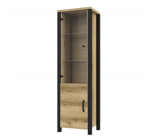 Vitrine Haute Design, 2 Portes Collection Darwin. Couleur Chêne Clair Et Noir.