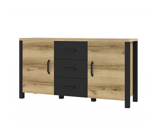 Buffet 150cm Collection Darwin. Couleur Chêne Clair Et Noir. 2 Portes Et 3 Tiroirs