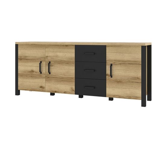 Buffet Xl 190cm Collection Darwin. Couleur Chêne Clair Et Noir. 3 Portes Et 3 Tiroirs