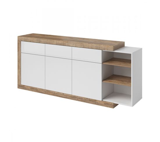 Buffet 200cm Coloris Chêne Et Blanc Brillant Avec Nombreux Rangements Collection Sinatra.