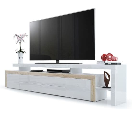 Meuble TV Chêne Brut Et  Blanc Laqué 52 X 227 X 35   Cm