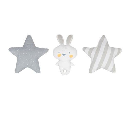 Lot De 3 Coussins Enfant "étoiles et Lapin" 28cm Blanc