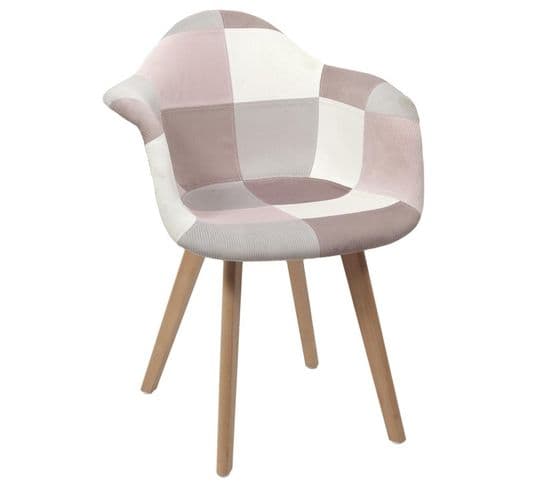 Fauteuil Scandinave Patchwork Rose Gris Pieds Bois - Rose