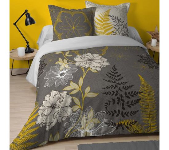 Housse De Couette Delia, Thème Fleuri, Taupe/vert, 220 X 240 Cm,  100% Coton