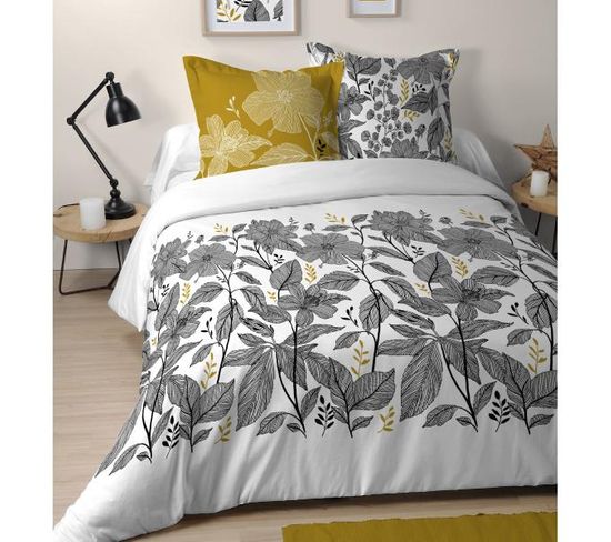 Housse De Couette Sophitia, Thème Fleuri, Noir/blanc,  240x260cm,  100% Coton