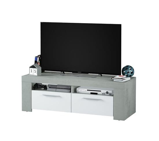 Meuble TV Coloris Blanc Artik / Ciment En Mélamine - Dim : 40 X 120 X 42 Cm