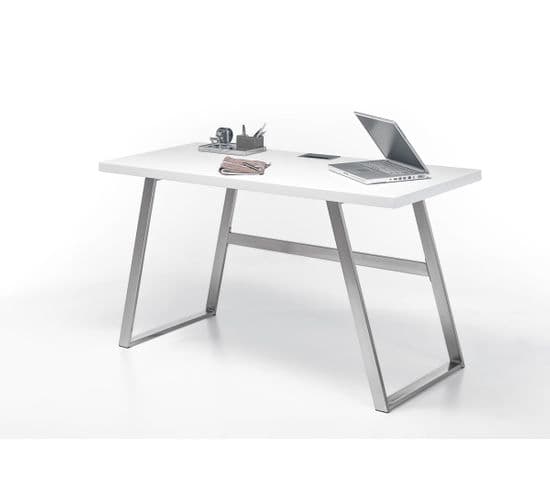 Bureau En Laqué Blanc Mat Avec Piètement Acier - L140 X H75 X P60 Cm