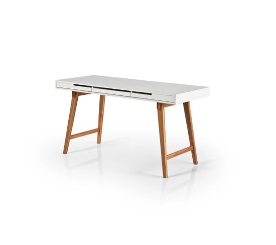 Bureau Blanc Mat Avec Piètement En Bois Massif - L120 X H78 X P40 Cm