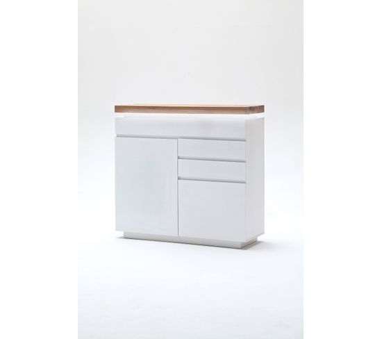 Buffet Avec Led Coloris Laqué Blanc Mat Avec Plateau En Chêne Noueux Huilé - L120 X H114 X P40 Cm