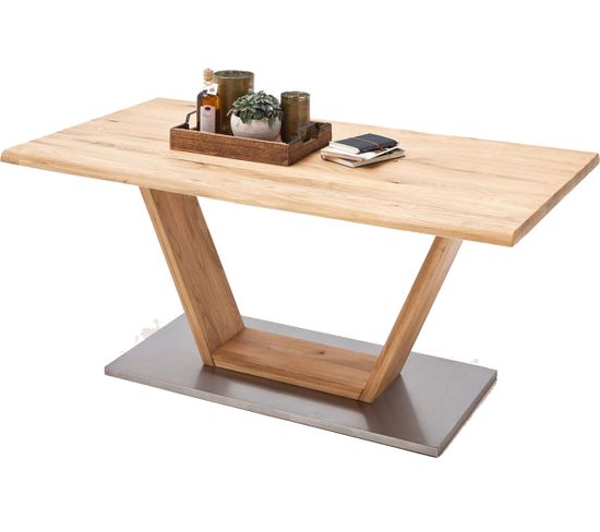 Table À Manger En Bois Massif Bord D'arbre, Pieds En V - L.220 X H.77 X P.100 Cm