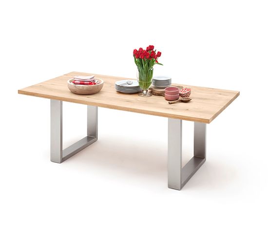 Table À Manger En Bois Massif Bord Droit, 2 Pieds En U - L.180 X H.77 X P.90 Cm