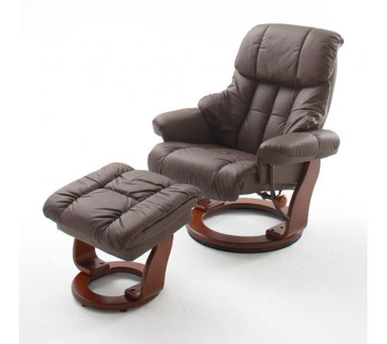 Fauteuil Relax En Cuir Marron Et Noyer Avec Tabouret - 90 X 104 X 91 Cm -pegane-