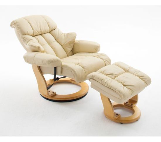 Fauteuil Relax En Cuir Crème Et Naturel Avec Tabouret - 90 X 104 X 91 Cm -pegane-