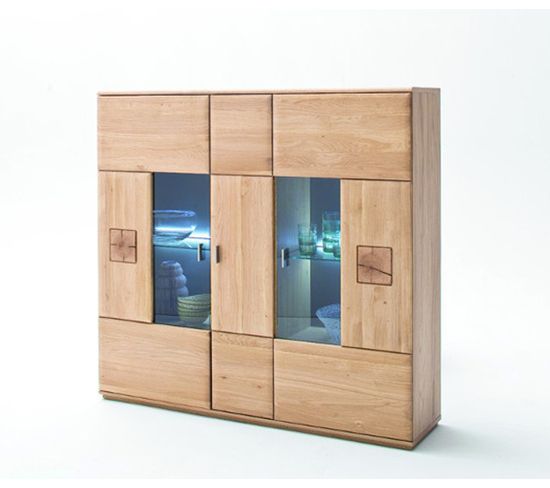 Vaisselier / Buffet En Bois Chêne Massif Bianco + LED - L.150 X H.141 X P.38 Cm