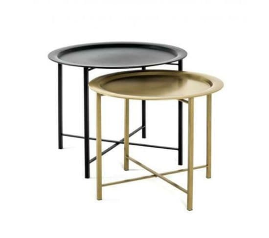 Lot De 2 Tables D'appoint Coloris Noir-or En Métal - H 44/49 X Ø 52/62 Cm
