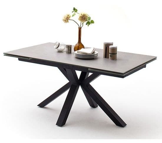 Table À Manger Extensible En Céramique Gris Clair Et Métal Noir Mat.