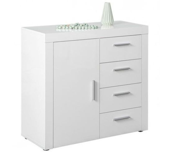 Commode De Rangement En Bois Mélaminé Blanc Brillant - L.94 X H.86 X P.40 Cm