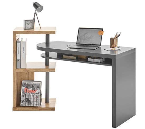 Bureau D'ordinateur Pivotant Coloris Gris Et Chêne - L. 145 X H. 94 X P. 50 Cm