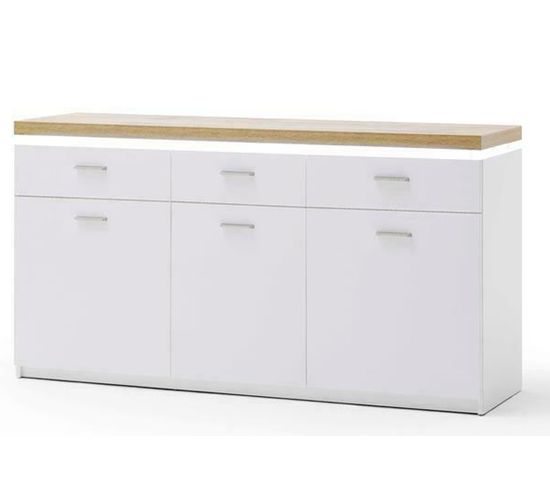 Buffet, Meuble De Rangement Coloris Blanc Avec Plateau Finition Chêne Wotan- L. 156 X H. 83 X P. 44