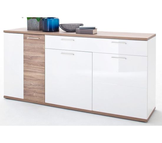 Buffet Coloris Blanc Brillant Mat Et Chêne Massif - L. 180 X H. 86 X P. 43 Cm