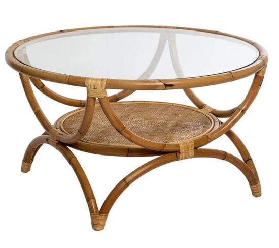 Table Basse Avec Rangements En Rotin Et Verre Trempé - D. 90 X H. 51 Cm