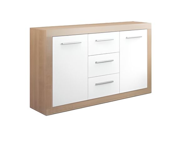 Buffet 2 Portes + 3 Tiroirs Coloris Chêne Cambrian / Blanc - L. 134 X P. 35 X H. 78 Cm