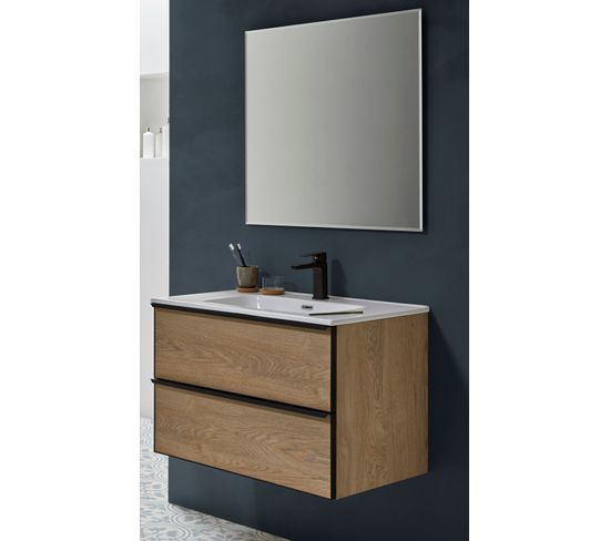 Meuble De Salle De Bain Avec 2 Tiroirs Suspendus Couleur Chêne Nordique Avec Plan Moulé + Miroir