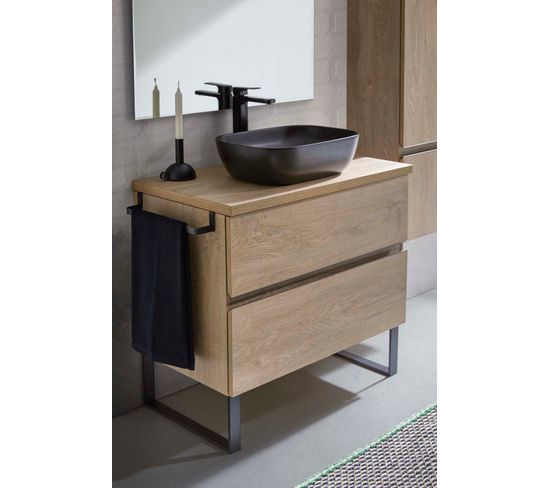 Meuble De Salle De Bain Avec 2 Tiroirs Couleur Chêne Nordique + Vasque À Poser + Miroir