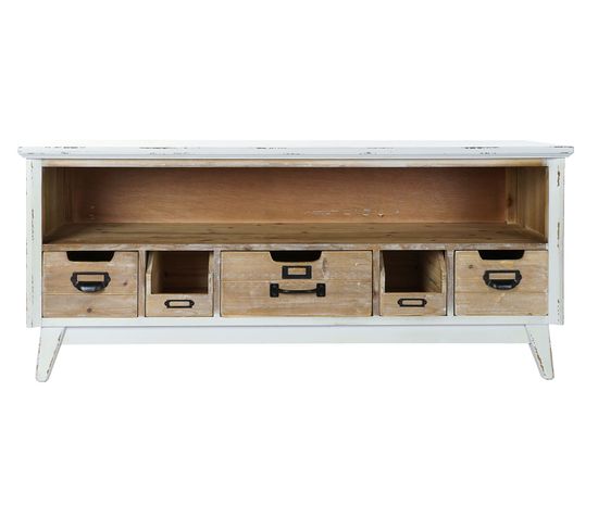 Meuble TV En Bois Mdf Blanc Avec 5 Tiroirs Et 1 Étagères - L. 115 X H. 51 X P. 40 Cm