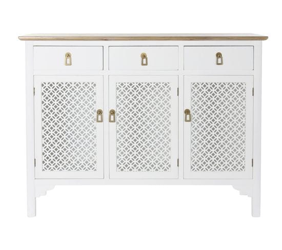 Commode En Bois Sapin Blanc Avec 3 Portes Et 3 Tiroirs - Largeur 120 X Hauteur 90 X Profondeur 45cm