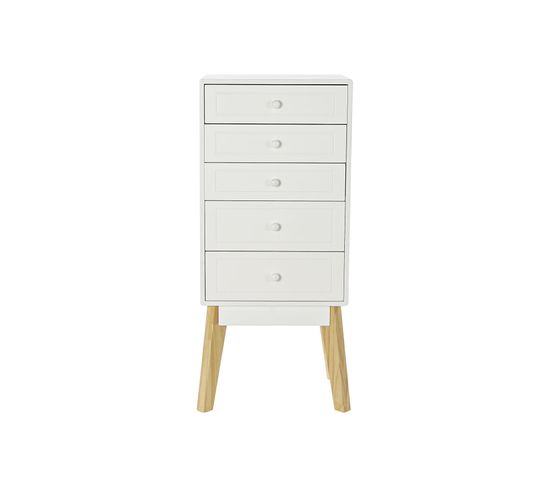 Commode En Bois Mdf Blanc Avec 5 Tiroirs - Largeur 40 X Hauteur 90 X Profondeur 30 cm