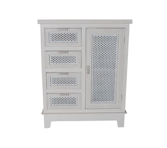 Commode En Bois Mdf Blanc Avec 4 Tiroirs 1porte Et 1étagère-largeur 66xhauteur 83,5xprofondeur 32cm