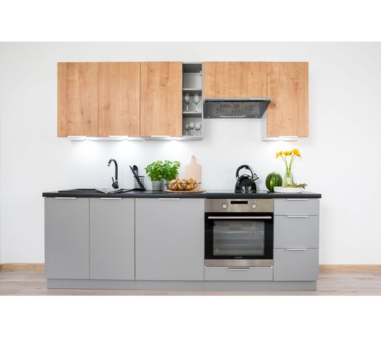 Cuisine Complète Ela 8 Éléments Couleur Chêne/gris Clair - Longueur 240 Cm