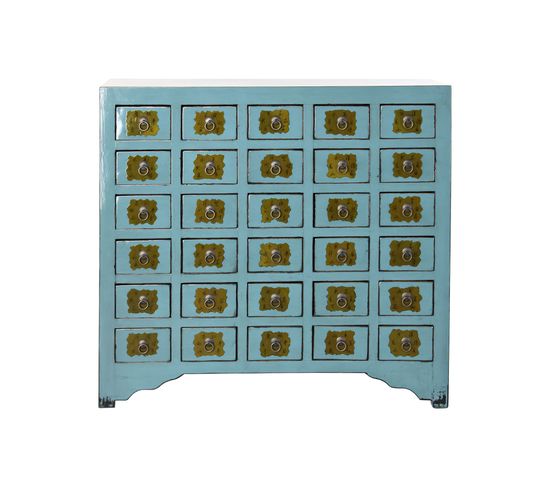 Commode En Bois Bleu Turquoise Avec 30 Tiroirs - Largeur 106 X Hauteur 99 X Profondeur 42 Cm