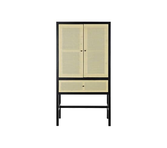 Armoire En Bois Sapin Et En Rotin Noir - L. 80 X H. 160 X P. 38 Cm