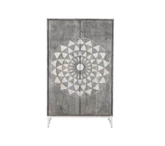 Armoire En Bois Motif Mandala Gris Avec 2 Portes Et 2 Étagères -l. 90 X H. 151 X P. 38cm