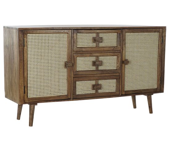 Buffet Meuble De Rangement En Bois De Manguier Marron Foncé Et Rotin - L. 150 X H. 86 X P. 40.5 Cm