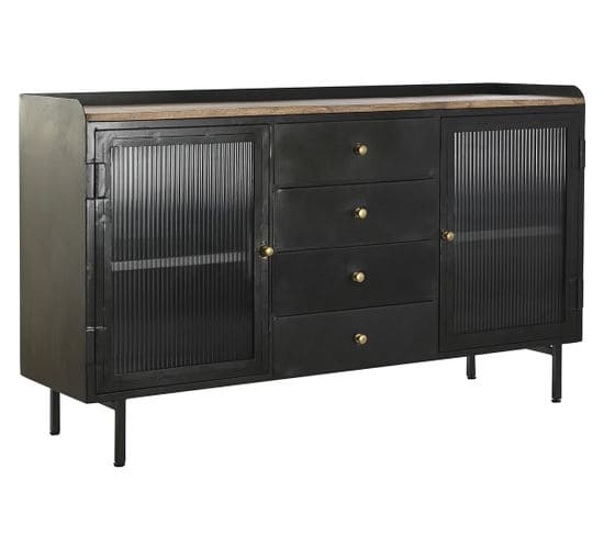 Buffet Meuble De Rangement En Bois De Manguier Et Métal Coloris Noir - L. 145 X H. 85 X P. 40 Cm